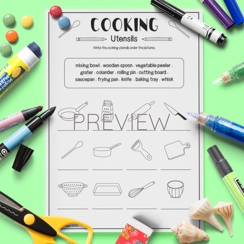 Cooking utensils vocabulary worksheet for children
