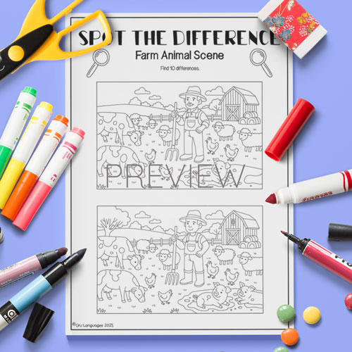 Farm animal spot the difference activity for children