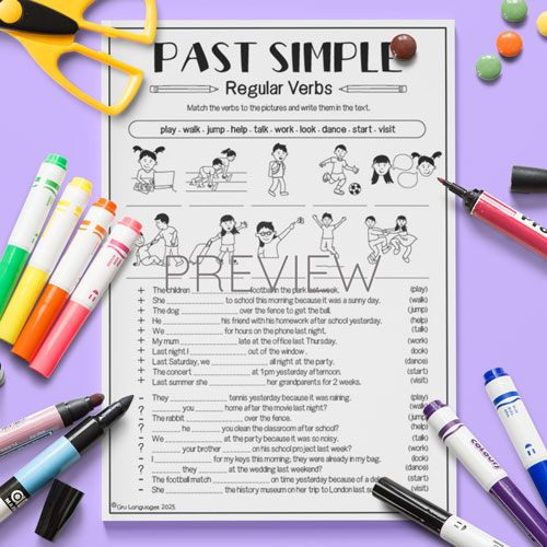 Past simple regular verbs gap fill for children