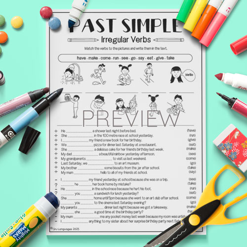 Past simple irregular verbs gap fill for children