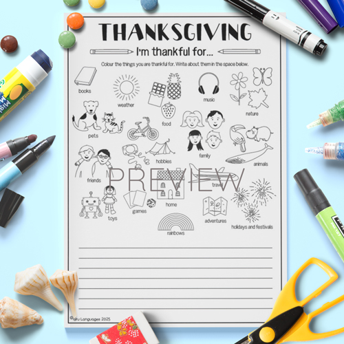 Thanksgiving colour and write activity for children