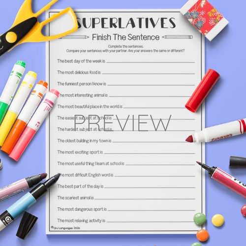 Superlatives finish the sentence activity for children