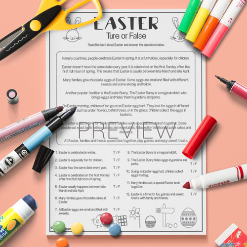 Easter true or false reading comprehension activity for children