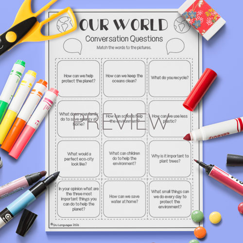 Environment conversation cards for children learning English
